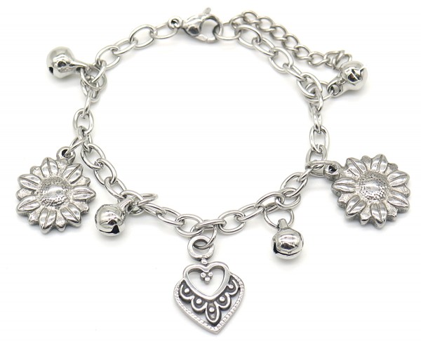 F-E5.3 B2053-015 S. Steel Bracelet Heart and Flowers 14-17cm